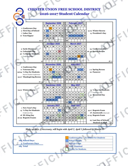 Chester Union Free School District 2026-27 calendar