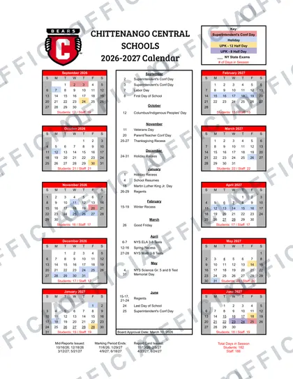 Chittenango Central Schools 2026-27 calendar