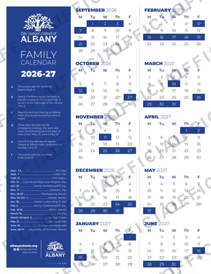City School District of Albany 2026-27 calendar