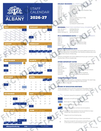 City School District of Albany 2026-27 calendar
