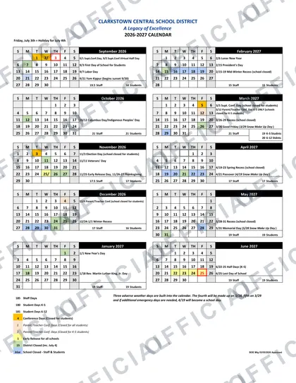 Clarkstown Central School District 2026-27 calendar