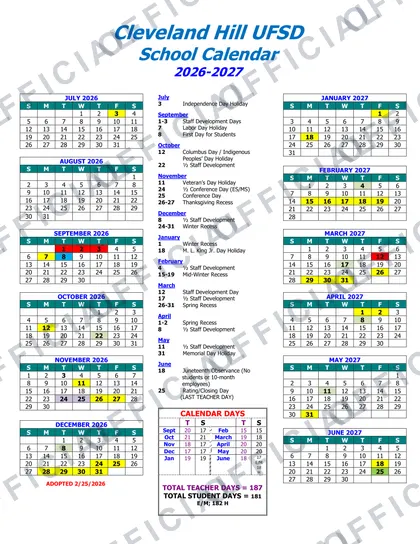 Cleveland Hill UFSD 2026-27 calendar