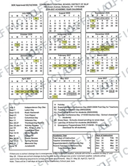 Connetquot Central School District of Islip 2026-27 calendar