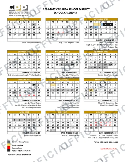 Corning-Painted Post Area School District 2026-27 calendar