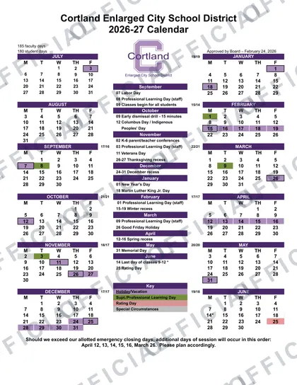 Cortland Enlarged City School District 2026-27 calendar