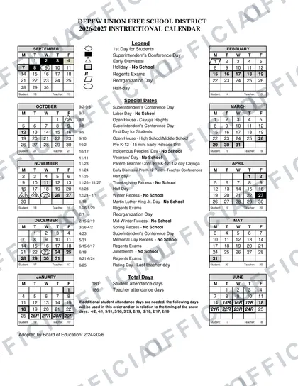 Depew Union Free School District 2026-27 calendar
