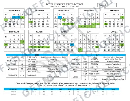 Dover Union Free School District 2026-27 calendar