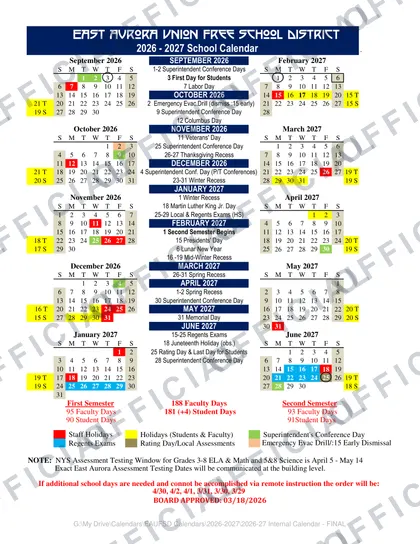 East Aurora Union Free School District 2026-27 calendar