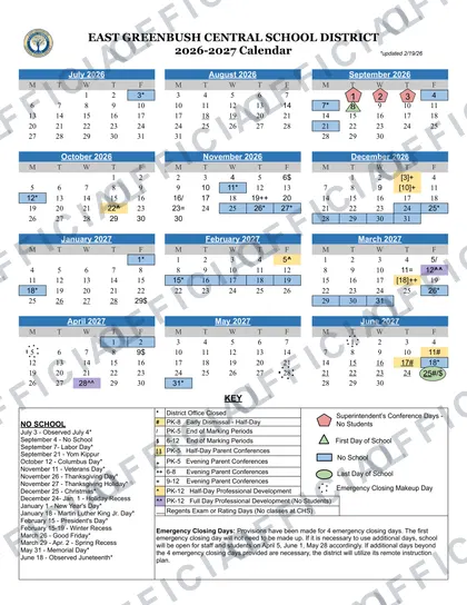 East Greenbush Central School District 2026-27 calendar