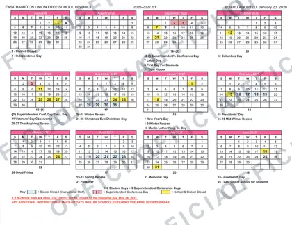 East Hampton Union Free School District 2026-27 calendar