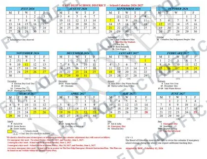 East Islip School District 2026-27 calendar