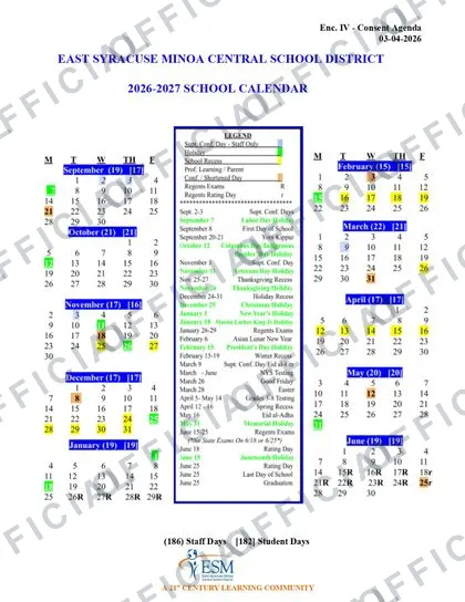 EAST SYRACUSE MINOA CENTRAL SCHOOL DISTRICT 2026-27 calendar
