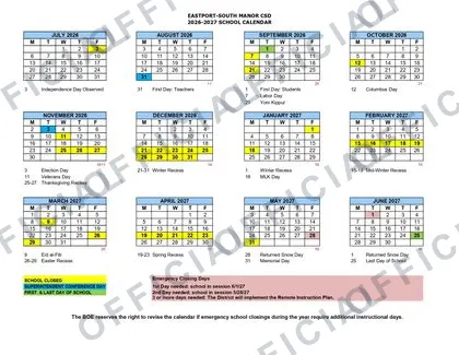 EASTPORT-SOUTH MANOR CSD 2026-27 calendar