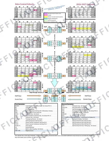 Eden Central Schools 2026-27 calendar