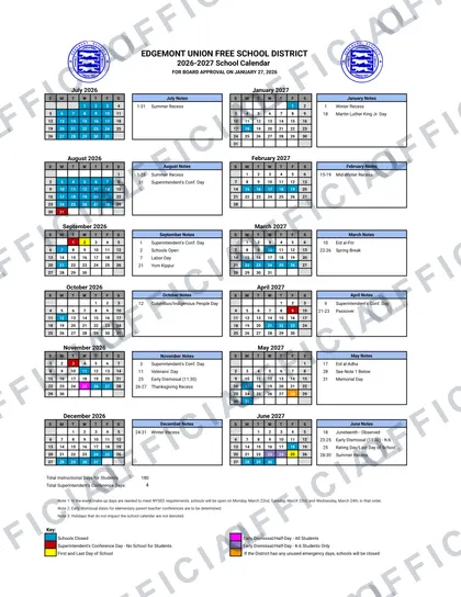 Edgemont Union Free School District 2026-27 calendar