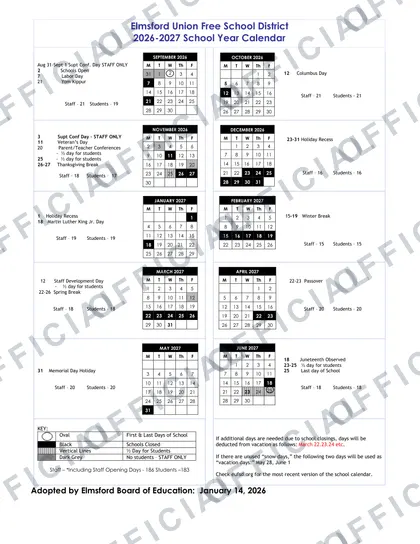 Elmsford Union Free School District 2026-27 calendar