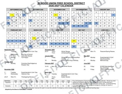 Elwood Union Free School District 2026-27 calendar