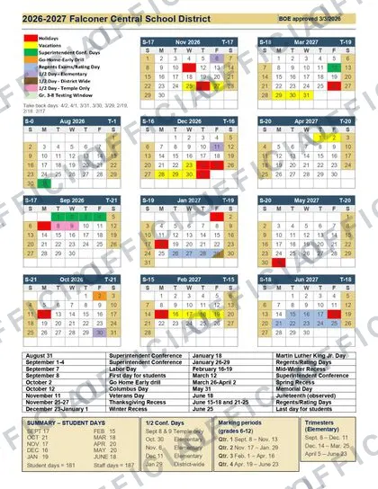Falconer Central School District 2026-27 calendar
