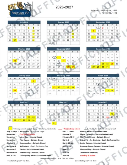 Franklin Square UFSD 2026-27 calendar