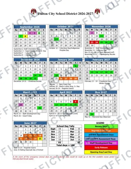 Fulton City School District 2026-27 calendar