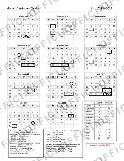 Garden City School District 2026-27 calendar