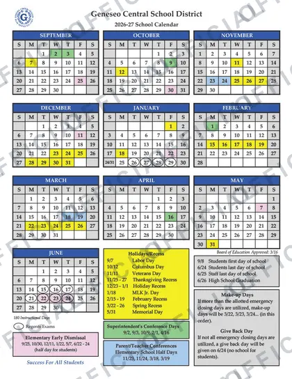 Geneseo Central School District 2026-27 calendar