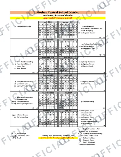 Goshen Central School District 2026-27 calendar