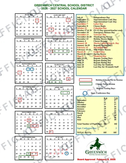 Greenwich Central School District 2026-27 calendar