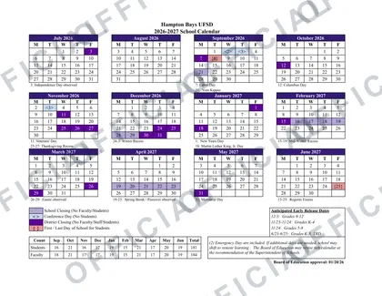 Hampton Bays UFSD 2026-27 calendar