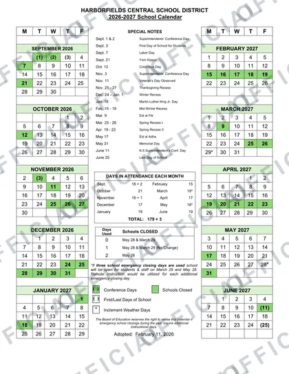 Harborfields Central School District 2026-27 calendar