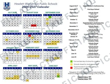 Hewlett-Woodmere Public Schools 2026-27 calendar