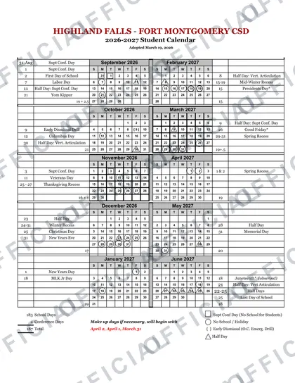 Highland Falls - Fort Montgomery CSD 2026-27 calendar
