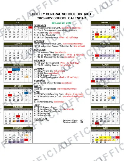 Holley Central School District 2026-27 calendar