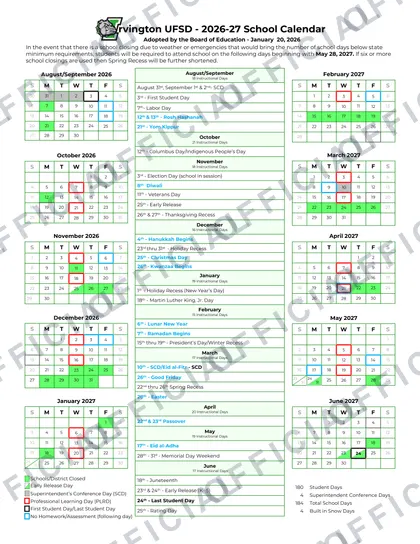 Irvington UFSD 2026-27 calendar