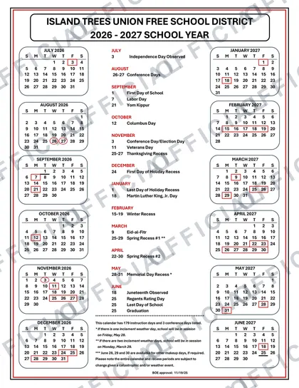 Island Trees Union Free School District 2026-27 calendar