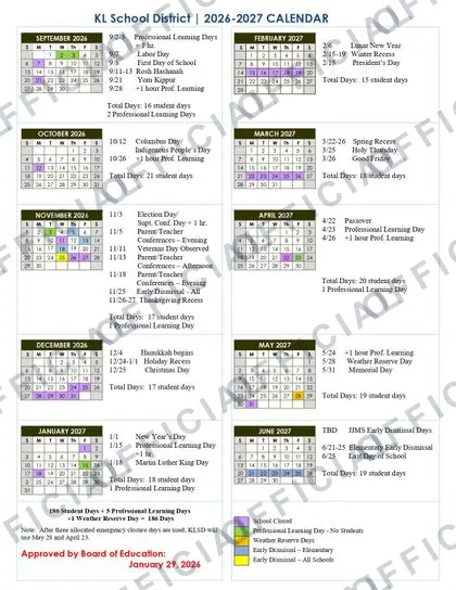 KL School District 2026-27 calendar