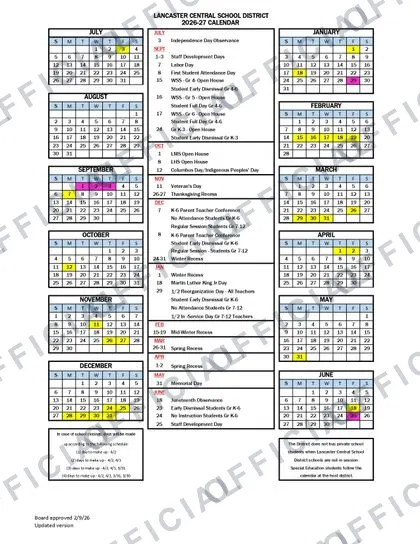Lancaster Central School District 2026-27 calendar