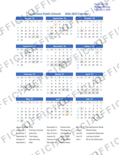 Lawrence Public Schools 2026-27 calendar