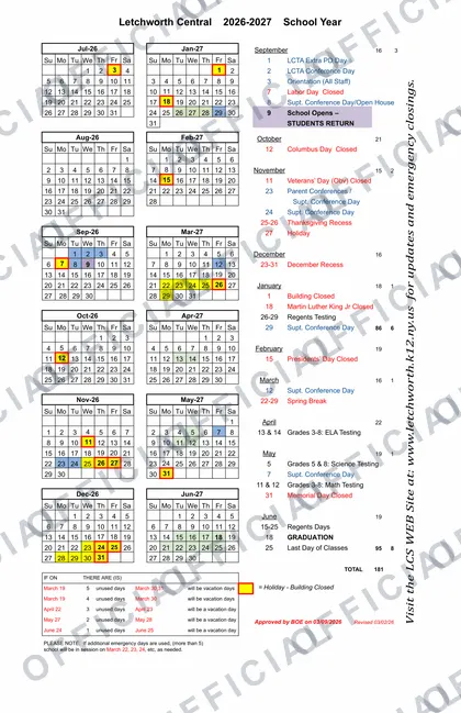 Letchworth Central School District 2026-27 calendar