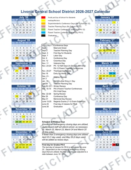 Livonia Central School District 2026-27 calendar