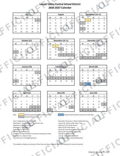 Locust Valley Central School District 2026-27 calendar