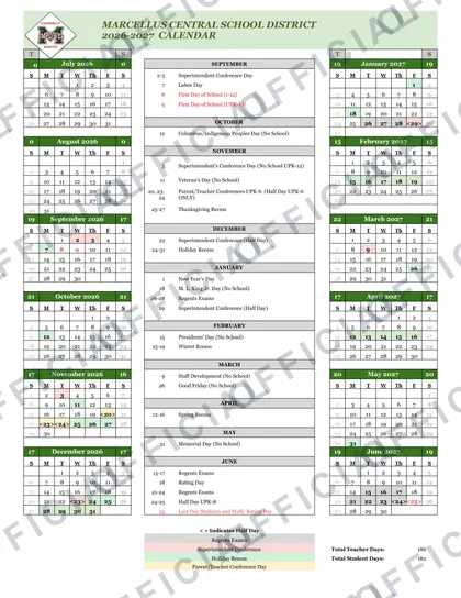 Marcellus Central School District 2026-27 calendar