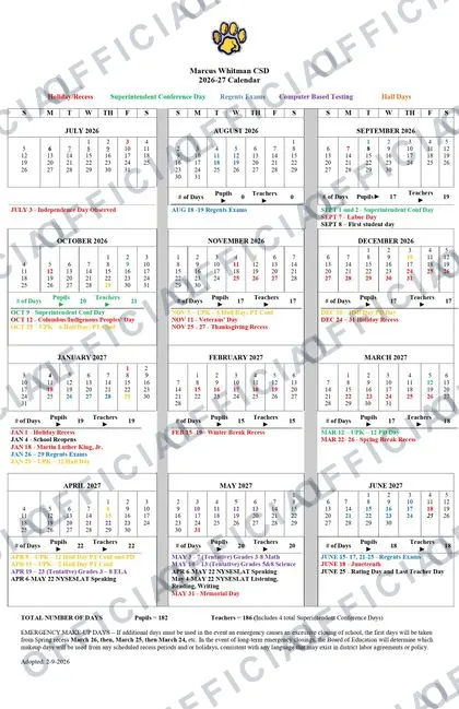 Marcus Whitman CSD 2026-27 calendar