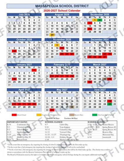 Massapequa School District 2026-27 calendar