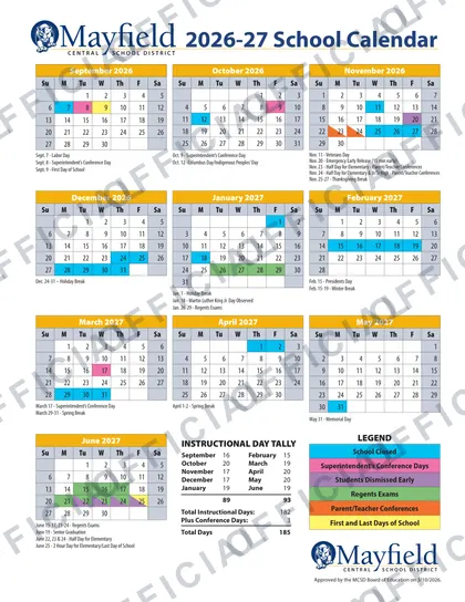 Mayfield Central School District 2026-27 calendar