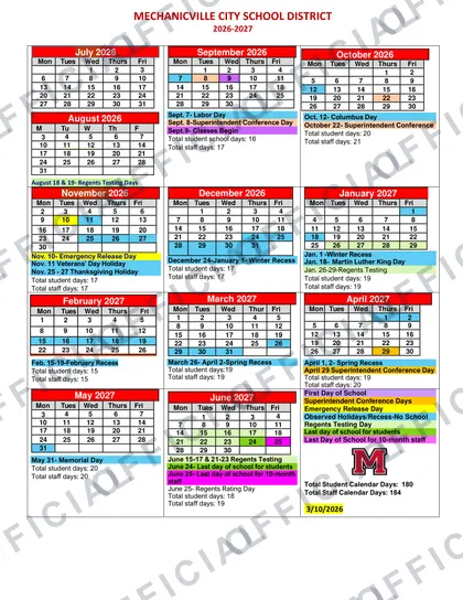 Mechanicville City School District 2026-27 calendar