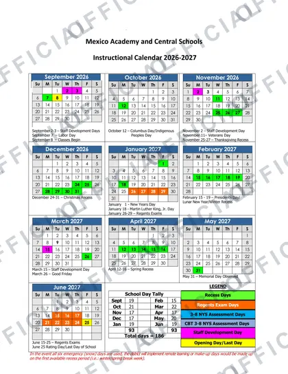 Mexico Academy and Central Schools 2026-27 calendar