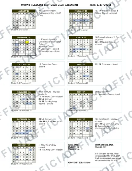 Mount Pleasant CSD 2026-27 calendar