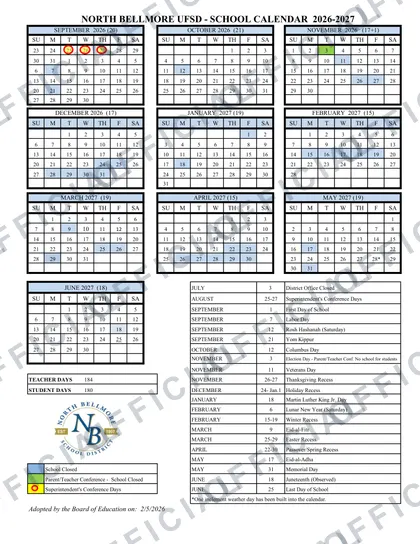 North Bellmore UFSD 2026-27 calendar