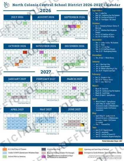 North Colonie Central School District 2026-27 calendar